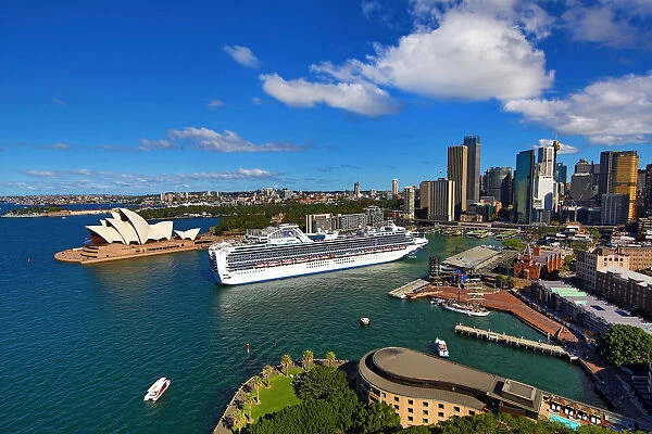 Sydney city skyline, harbour, Opera House and a cruise ship, Sydney, New South Wales