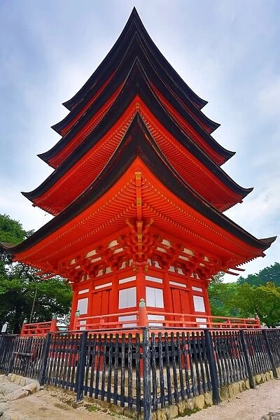 The five tiered Pagoda at Itsukushima Shinto Shrine on Miyajima Island, Hiroshima, Japan