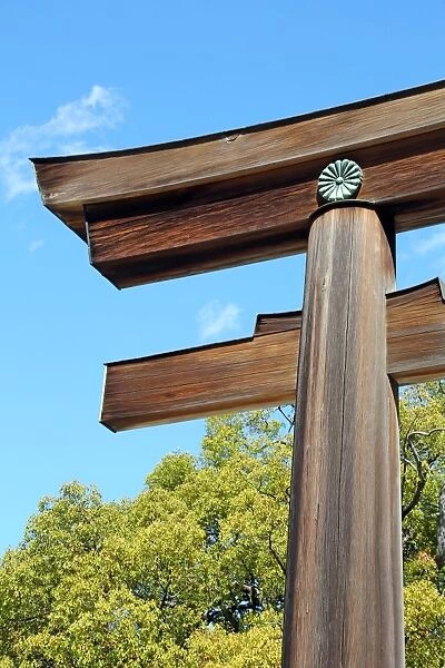 Torii Gate of the Meiji Shrine in Yoyogi Park in Harajuku, Tokyo, Japan