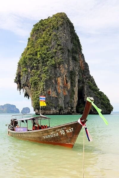 Traditional Thai long tail boat at Phranang Cave Beach, Railay Beach, Krabi, Phuket, Thailand