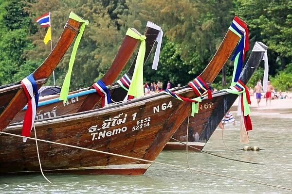 Traditional Thai long tail boats, Railay Beach West, Krabi, Phuket, Thailand