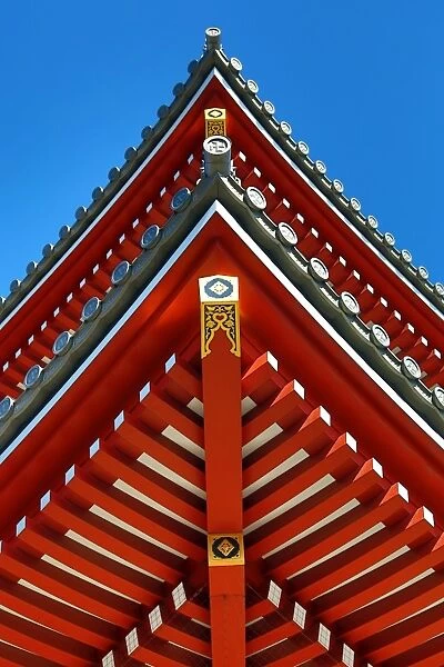 Traditional wooden roof at the Shinto Shrine at Senso-Ji Bhuddist Temple in Asakusa in Tokyo, Japan