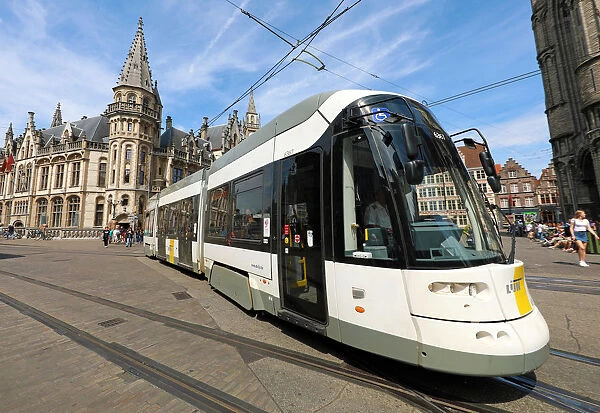 Tram in the Gent Korenmarkt, Ghent, Belgium