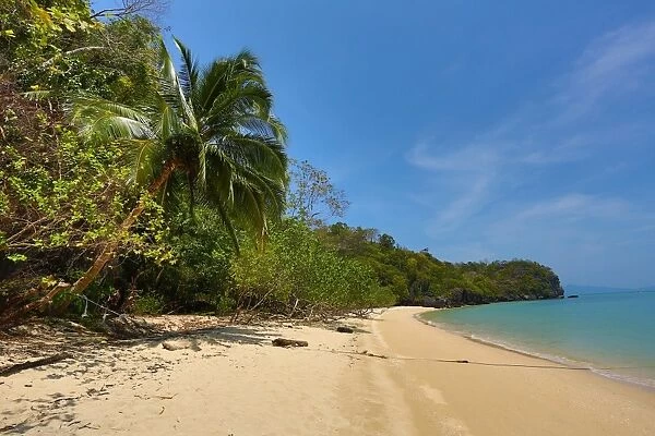 Tropical sandy beach in the Kilim Geoforest Park, Langkawi, Malaysia