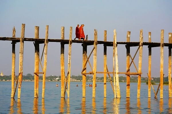 The U Bein Bridge across the Taungthaman Lake in Amarapura, Mandalay, Myanmar (Burma)