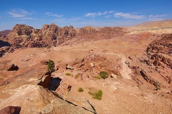 View of sandstone rock formations overlooking the valley of the rock city of Petra