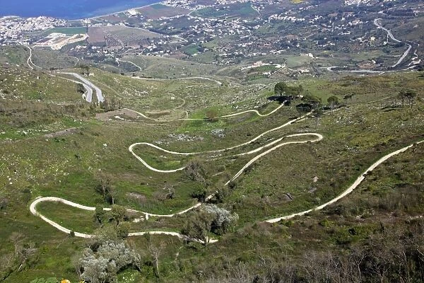 Winding mountain road leading up to Erice, Sicily, Italy