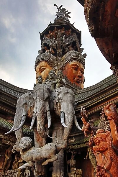 Wooden carvings on the Sanctuary of Truth Temple, Prasat Sut Ja-Tum, Pattaya, Thailand