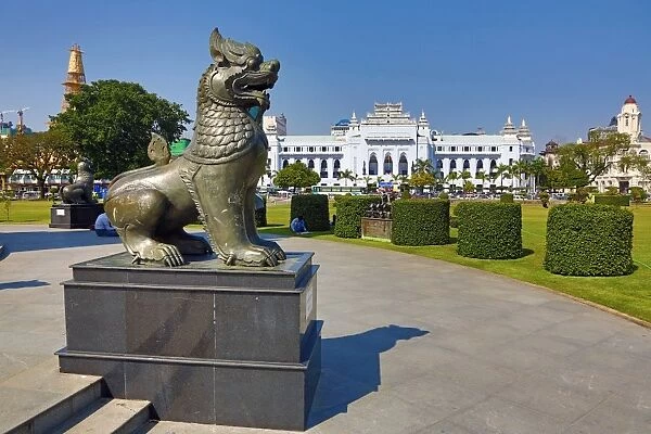 Yangon City Hall and lion statue in Maha Bandola Garden park, Yangon, Myanmar