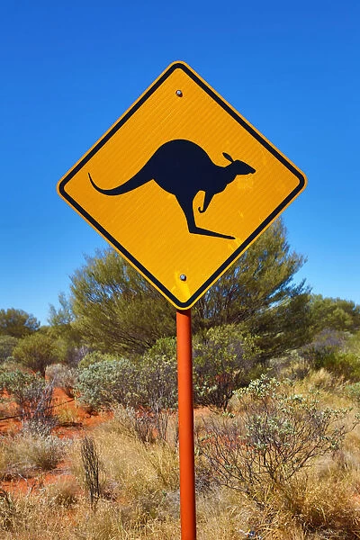 Yellow kangaroo wildife warning sign at Uluru, Ayers Rock, Uluru-Kata Tjuta National Park
