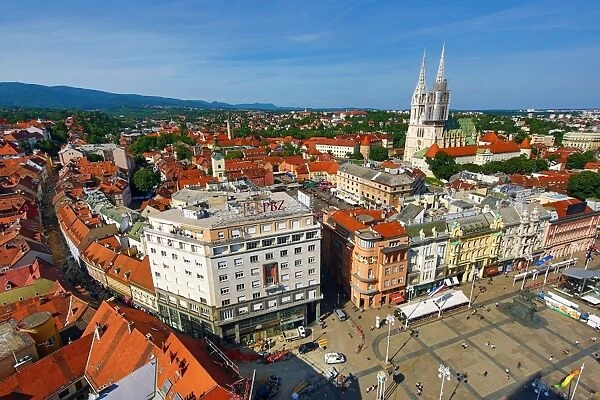 Zagreb skyline and the Cathedral and Ban Jelacic Square, Croatia