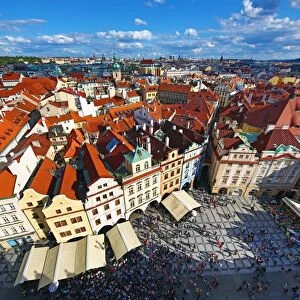 Aerial view of city skyline and the rooftops of buildings in Old Town Square, Prague