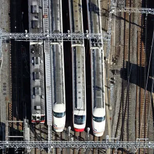 Aerial view of station with Japanese trains, Tokyo, Japan