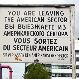American sector sign at the Checkpoint Charlie border crossing in Berlin, Germany
