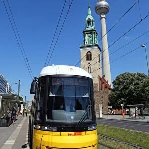 Berlin TV Tower, Fernsehturm, television tower and a tram in Berlin, Germany