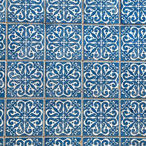 Blue patterned tiles on a wall, Porto, Portugal