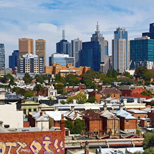 City skyline of Melbourne from Brunswick Street, Melbourne, Victoria, Australia