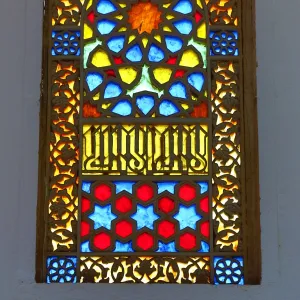 Colourful patterns on stained glass windows in King Hussein Park, Amman, Jordan