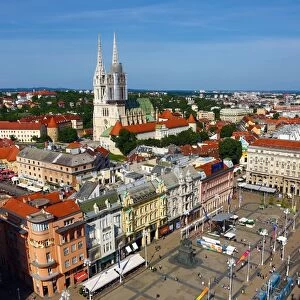 General city skyline view with Zagreb Cathedral and Ban Jelacic Square in Zagreb, Croatia