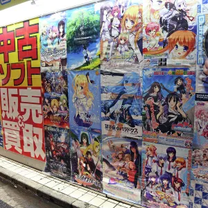 Japanese manga and anime advertising posters in Akihabara Electric Town in Tokyo, Japan