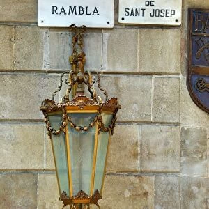 La Rambla street sign and Rambla de Canaletes in the Ramblas, Barcelona, Spain