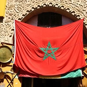 Moroccan flag in the streets of the Medina of Rabat, Morocco