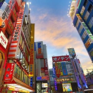 Night scene of buildings, signs and lights in the street in Akihabara, Electric Town, Tokyo, Japan