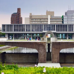 The Peace Memorial Museum and the Peace Flame in the Hiroshima Peace Memorial Park, Hiroshima, Japan