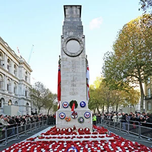Poppies and wreathed on Remembrance Day at the Cenotaph, London