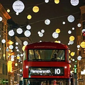Red Double Decker Bus and Oxford Street Christmas lights, London