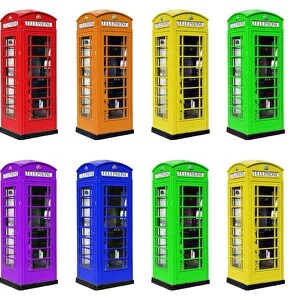 Red and Rainbow coloured London Telephone Boxes