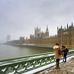 Snow on Westminster Bridge, the Houses of Parliament and Big Ben, London