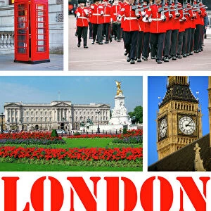 Souvenir photos of Big Ben, Buckingham Palace, Guards, and a Telephone Box in London, England