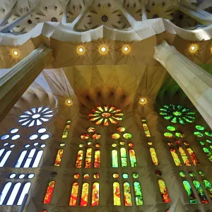 Stained glass windows in the Basilica de la Sagrada Familia cathedral in Barcelona, Spain