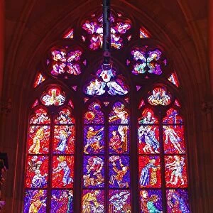 Stained glass windows of St. Vitus Cathedral in Prague, Czech Republic