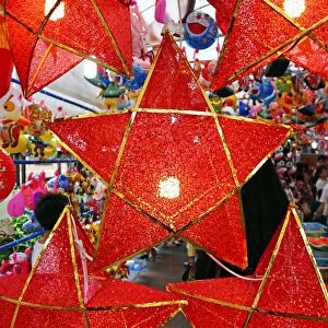 Star shaped red lanterns in a street market in Chinatown in Singapore, Republic of Singapore