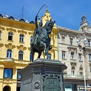 Statue of Ban Jelacic riding a horse in Ban Jelacic Square in Zagreb, Croatia