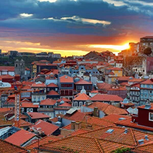 Sunset over the rooftops of the City of Porto, Portugal