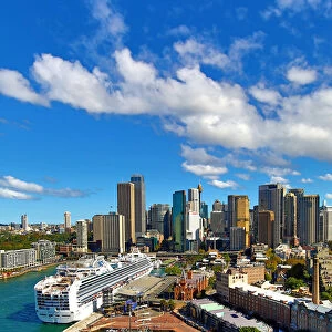 Sydney city skyline, harbour and a cruise ship, Sydney, New South Wales, Australia