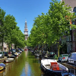 Tower of the Zuiderkerk, southern church, and the Groenburgwal canal in Amsterdam