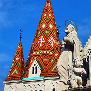 Traditional tiled roof of the Matthias Church in Budapest, Hungary