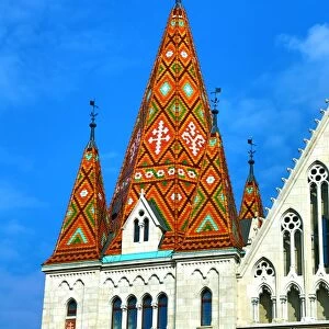 Traditional tiled roof of the Matthias Church in Budapest, Hungary