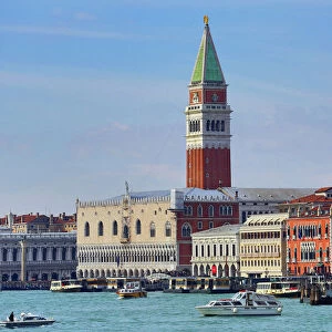 The Venice waterfront and St. Marks Campanile bell tower in Venice, Italy