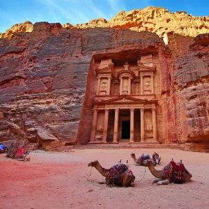 View of the Treasury, Al-Khazneh, with camels, Petra, Jordan