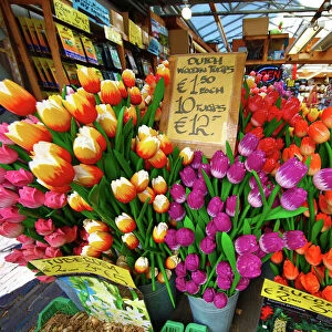 Wooden Tulip flowers on sale in the flower market in Amsterdam, Holland