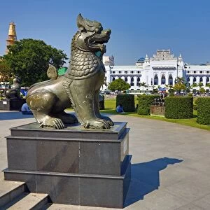 Yangon City Hall and lion statue in Maha Bandola Garden park, Yangon, Myanmar