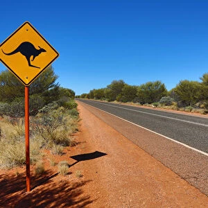 Yellow kangaroo wildife warning sign at Uluru, Ayers Rock, Uluru-Kata Tjuta National Park