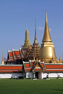 Stupas and chedis at Wat Phra Kaew Royal Palace complex in Bangkok, Thailand
