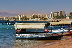 Amman and Jordan Collection: The beach at Aqaba in Jordan looking towards Eilat in Israel