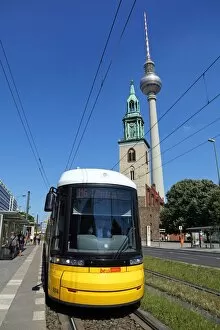 Images Dated 7th June 2014: Berlin TV Tower, Fernsehturm, television tower and a tram in Berlin, Germany